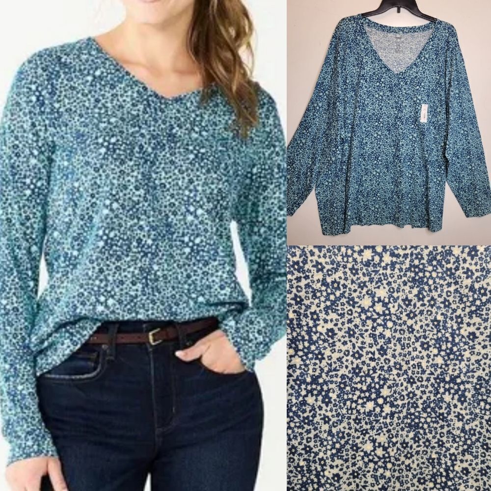 NEW 4X BLUE GREEN FLORAL LONG SLEEVE EASY CARE SONOMA EVERYDAY TSHIRT TOP NWT